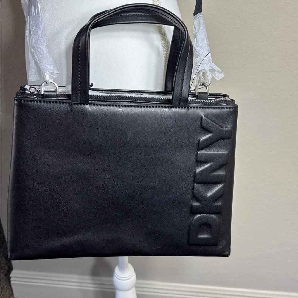 DKNY Tinsley Logo Embossed Medium Black Satchel/Crossbody Bag. NWT